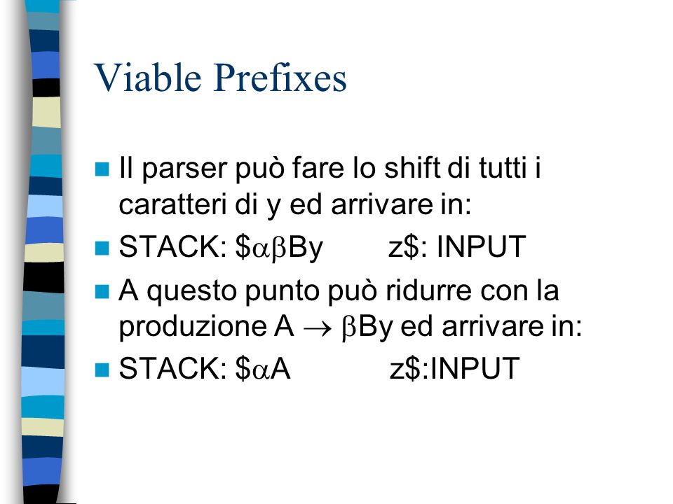 Viable Prefixes Il parser può fare lo shift di tutti i caratteri di y ed arrivare in: STACK: $By z$: INPUT.