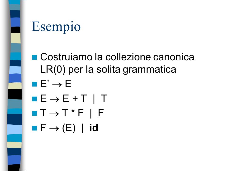Esempio Costruiamo la collezione canonica LR(0) per la solita grammatica. E’  E. E  E + T | T.