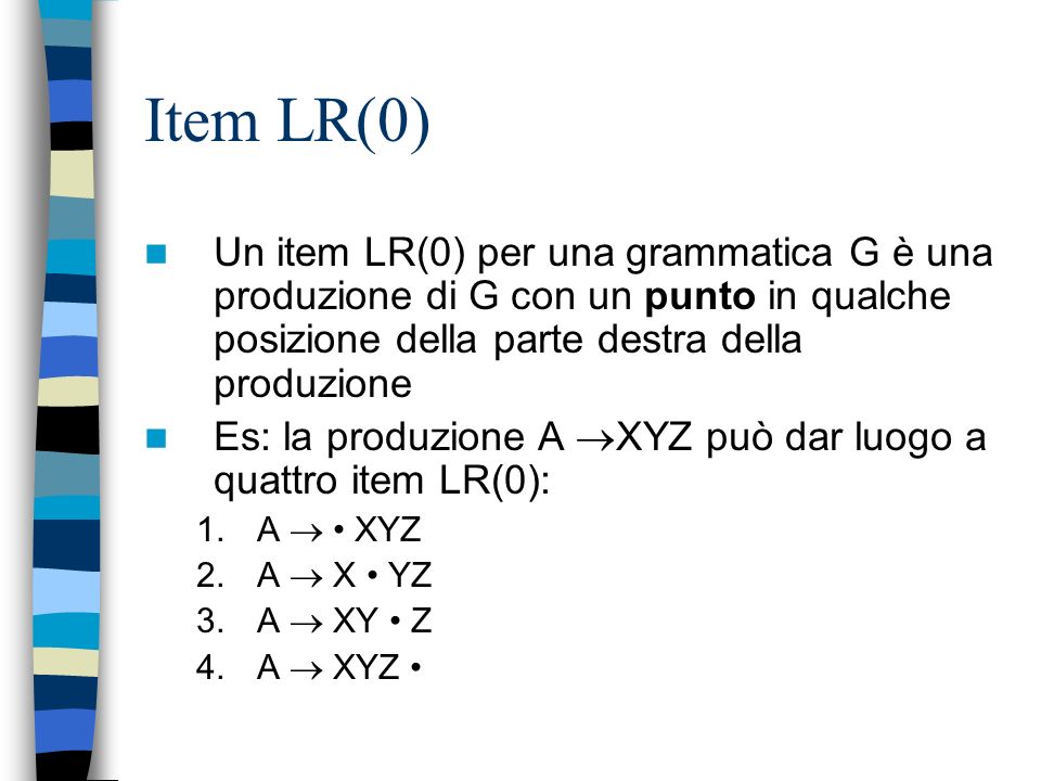 Item LR(0) Un item LR(0) per una grammatica G è una produzione di G con un punto in qualche posizione della parte destra della produzione.