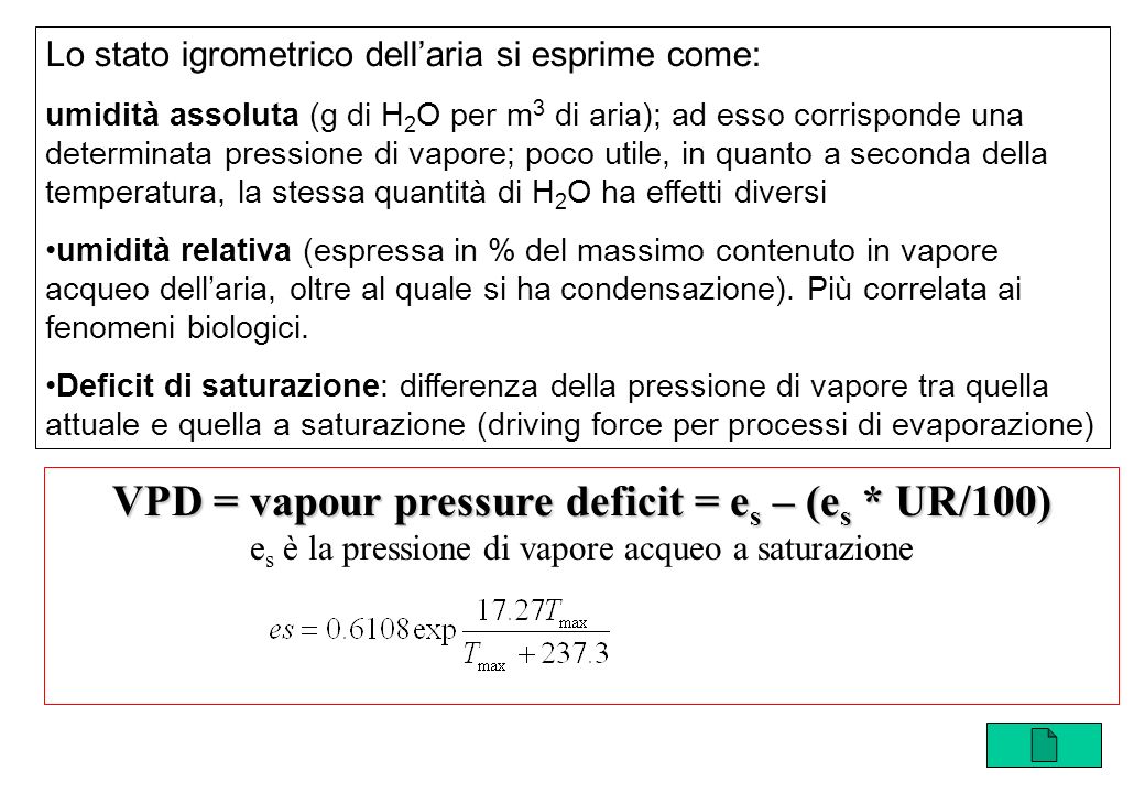 VPD = vapour pressure deficit = es – (es * UR/100)