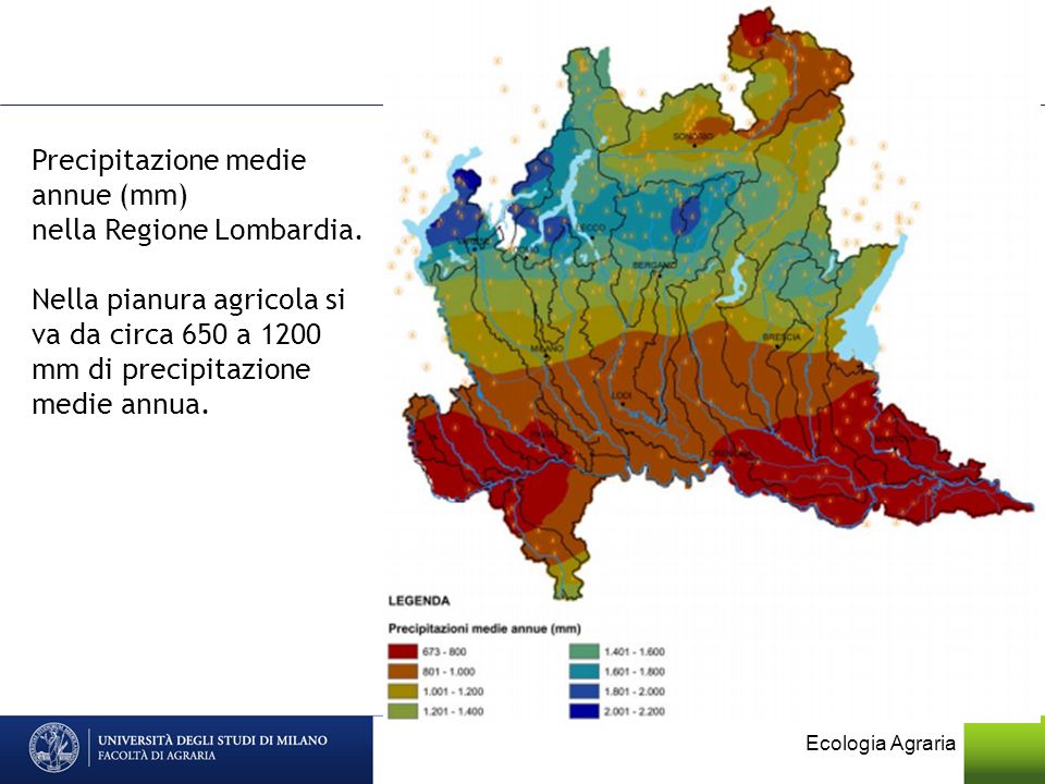Precipitazione medie annue (mm) nella Regione Lombardia.
