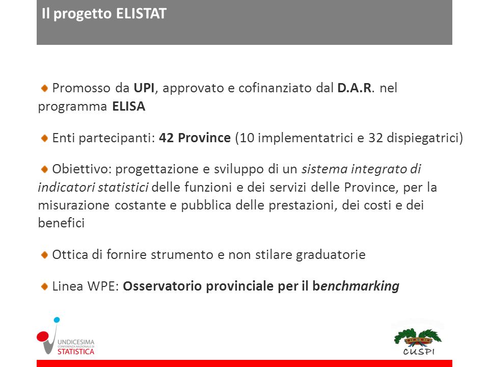 Il progetto ELISTAT Promosso da UPI, approvato e cofinanziato dal D.A.R. nel programma ELISA.