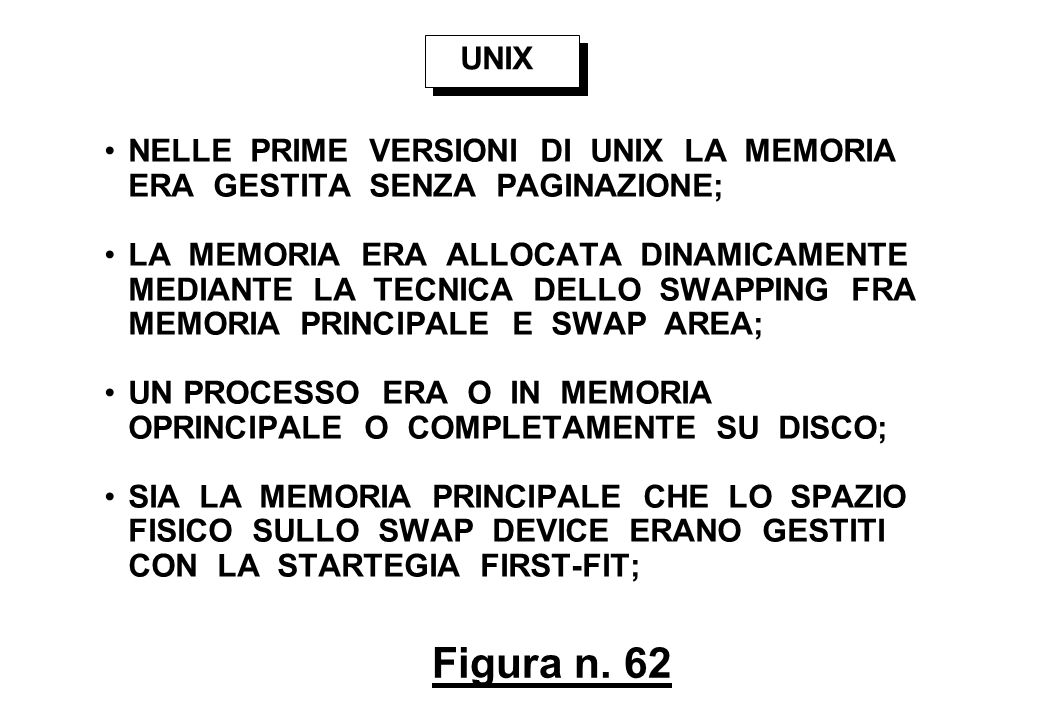 UNIX NELLE PRIME VERSIONI DI UNIX LA MEMORIA ERA GESTITA SENZA PAGINAZIONE;