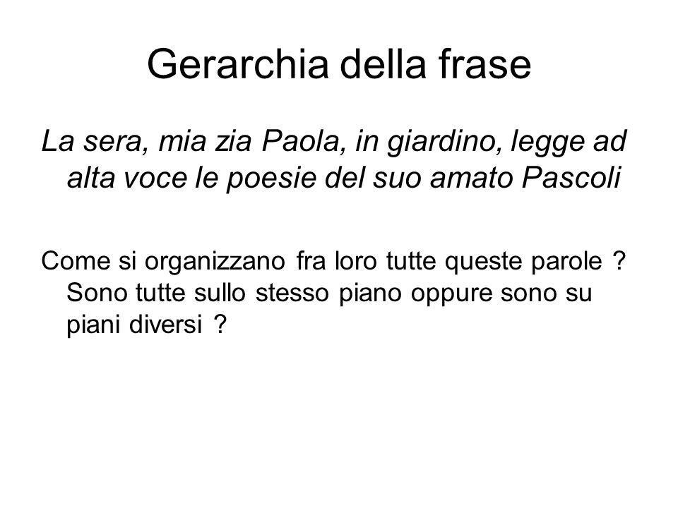 Gerarchia della frase La sera, mia zia Paola, in giardino, legge ad alta voce le poesie del suo amato Pascoli.