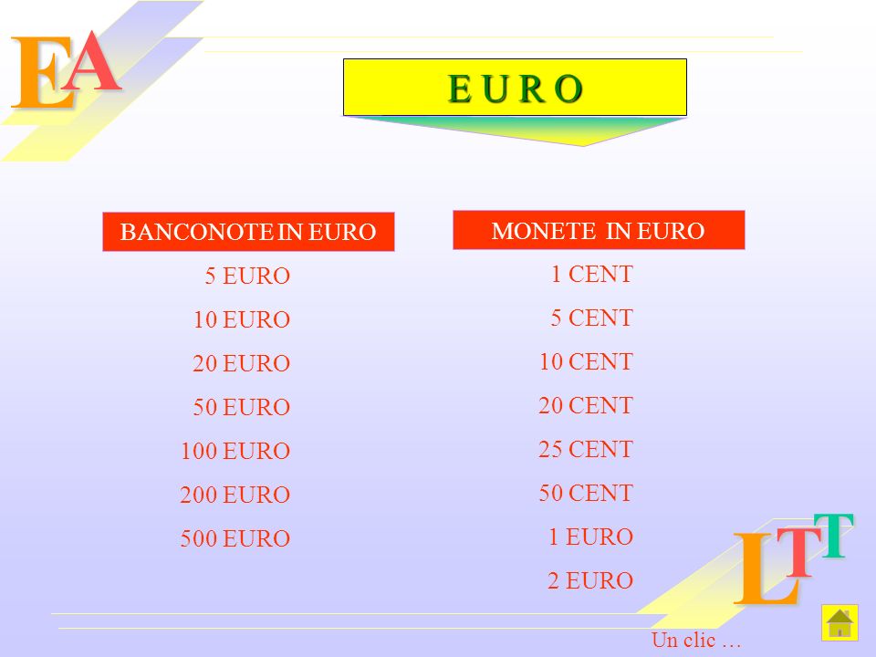 E L A T T E U R O BANCONOTE IN EURO MONETE IN EURO 5 EURO 1 CENT