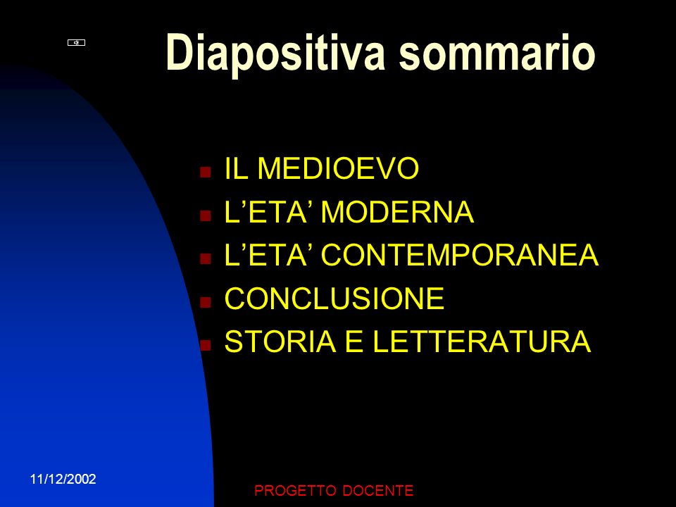 Diapositiva sommario IL MEDIOEVO L’ETA’ MODERNA L’ETA’ CONTEMPORANEA