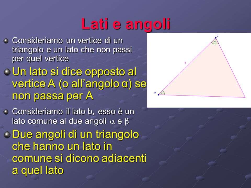 Lati e angoli Consideriamo un vertice di un triangolo e un lato che non passi per quel vertice.