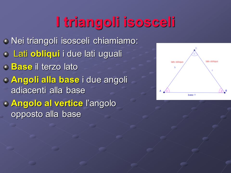 I triangoli isosceli Nei triangoli isosceli chiamiamo: