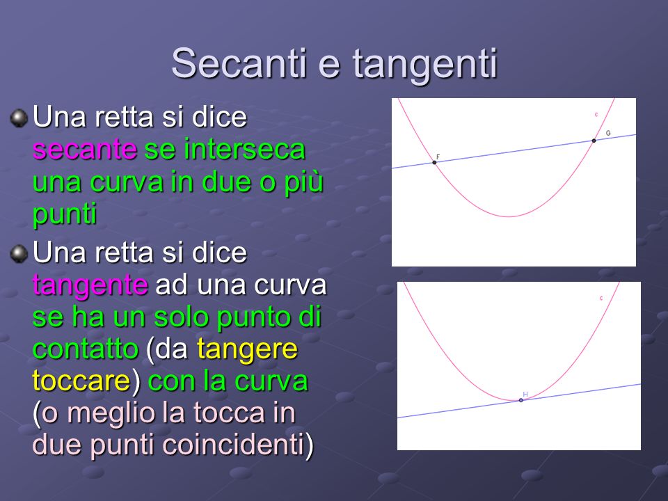 Secanti e tangenti Una retta si dice secante se interseca una curva in due o più punti.