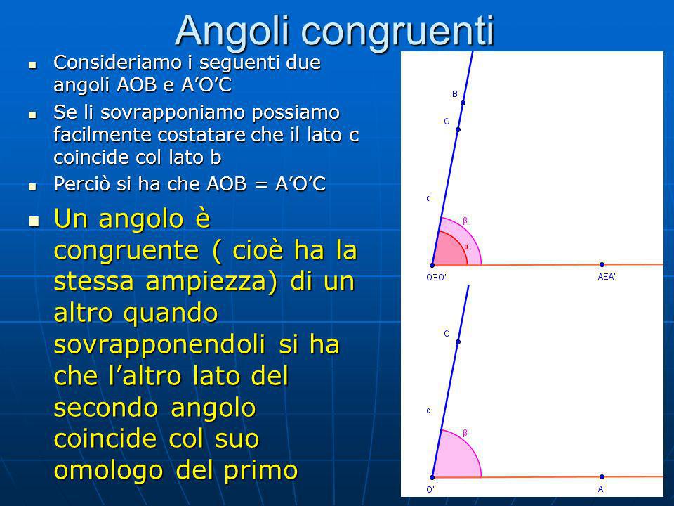 Angoli congruenti Consideriamo i seguenti due angoli AOB e A’O’C.