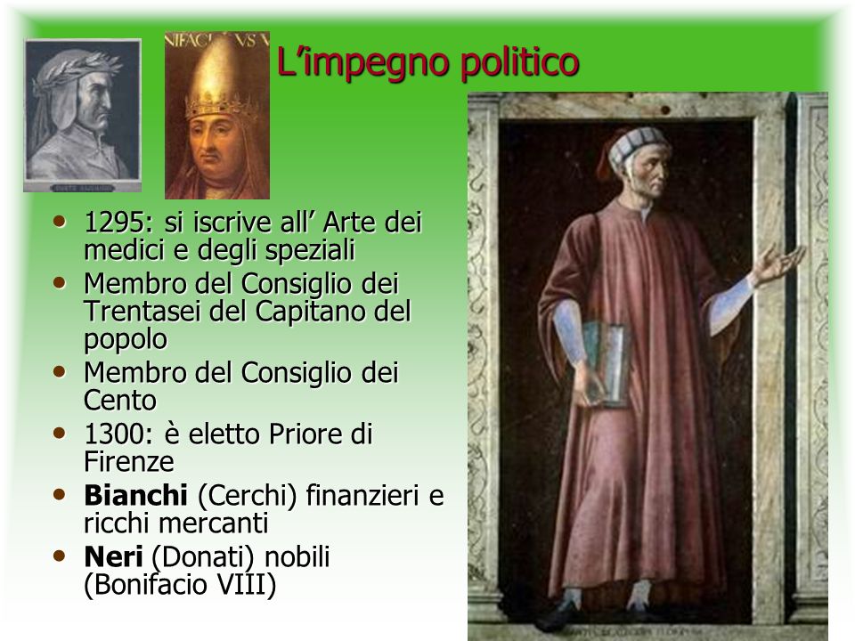L’impegno politico 1295: si iscrive all’ Arte dei medici e degli speziali. Membro del Consiglio dei Trentasei del Capitano del popolo.