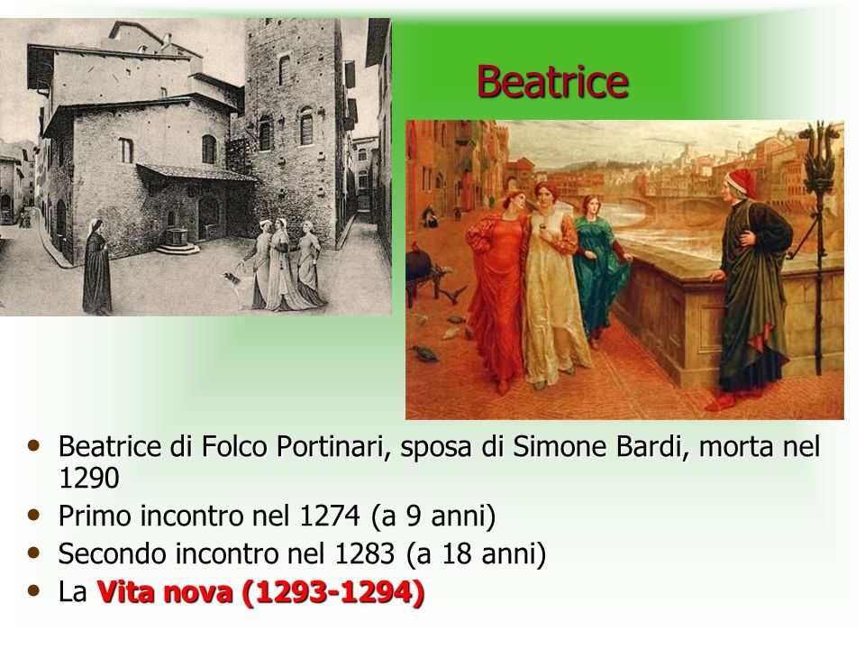 Beatrice Beatrice di Folco Portinari, sposa di Simone Bardi, morta nel Primo incontro nel 1274 (a 9 anni)