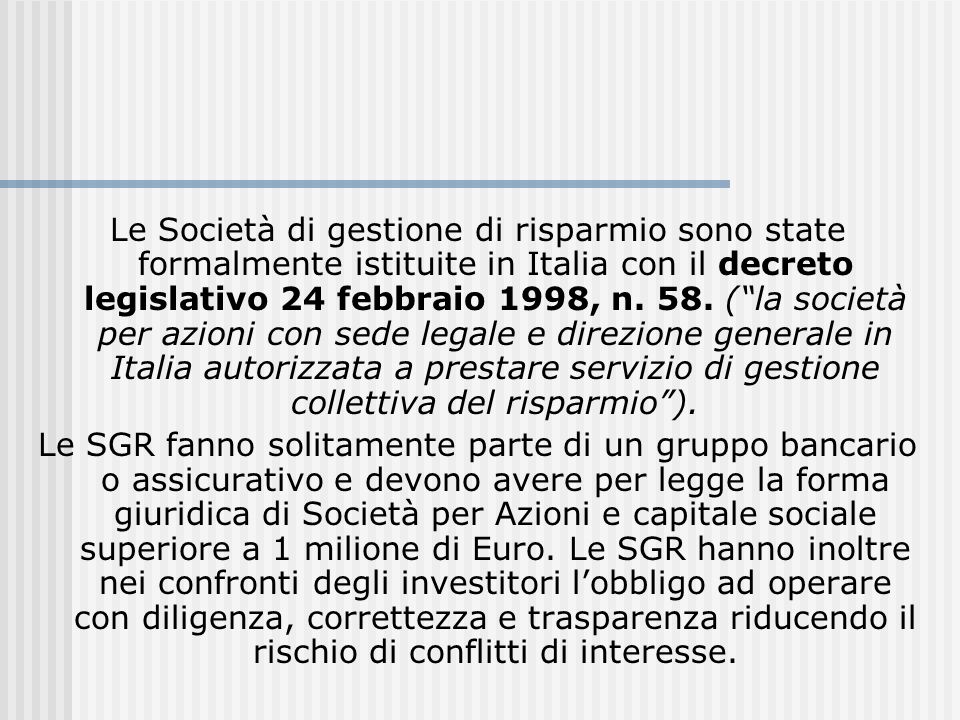 Le Società di gestione di risparmio sono state formalmente istituite in Italia con il decreto legislativo 24 febbraio 1998, n. 58. ( la società per azioni con sede legale e direzione generale in Italia autorizzata a prestare servizio di gestione collettiva del risparmio ).
