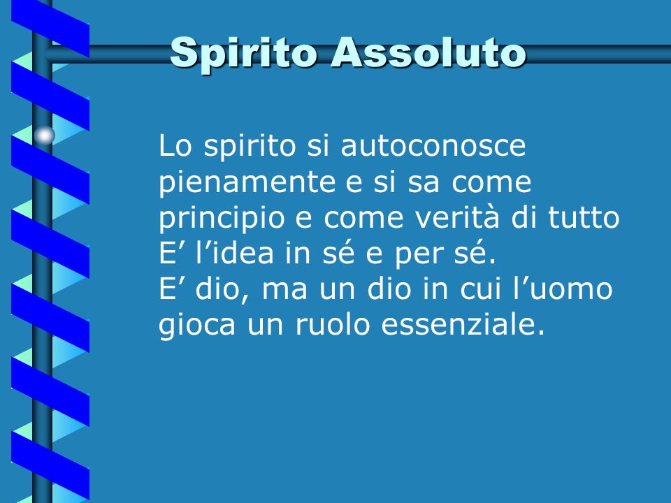 Spirito Assoluto Lo spirito si autoconosce pienamente e si sa come principio e come verità di tutto.