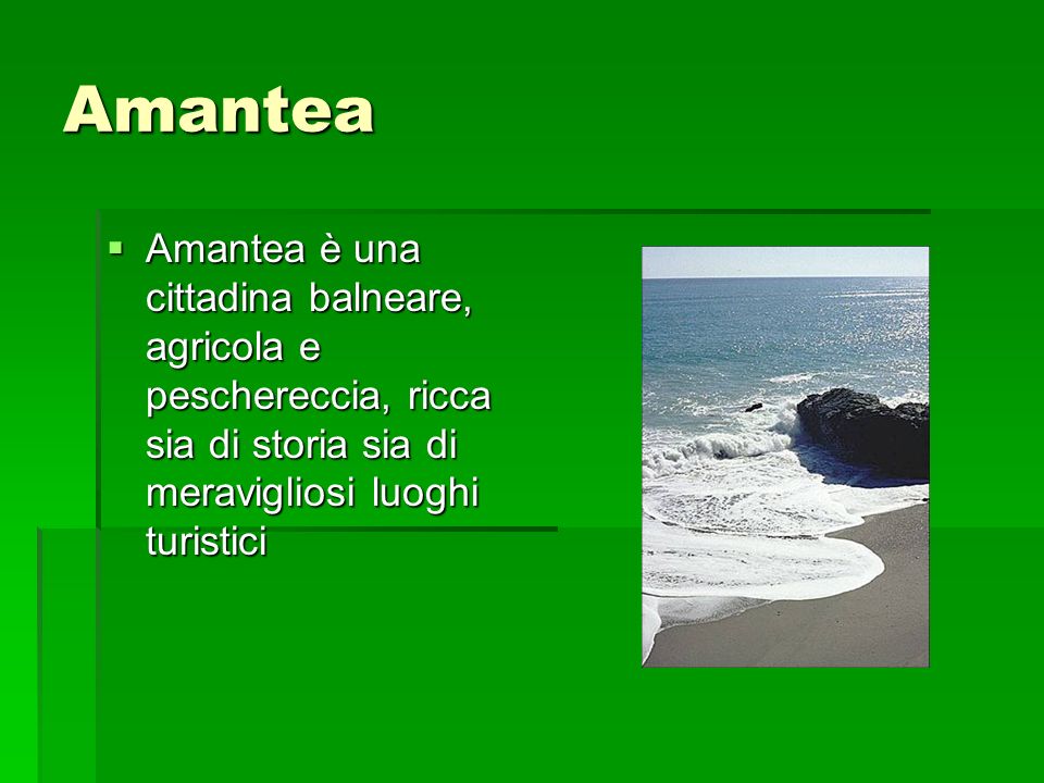 Amantea Amantea è una cittadina balneare, agricola e peschereccia, ricca sia di storia sia di meravigliosi luoghi turistici.