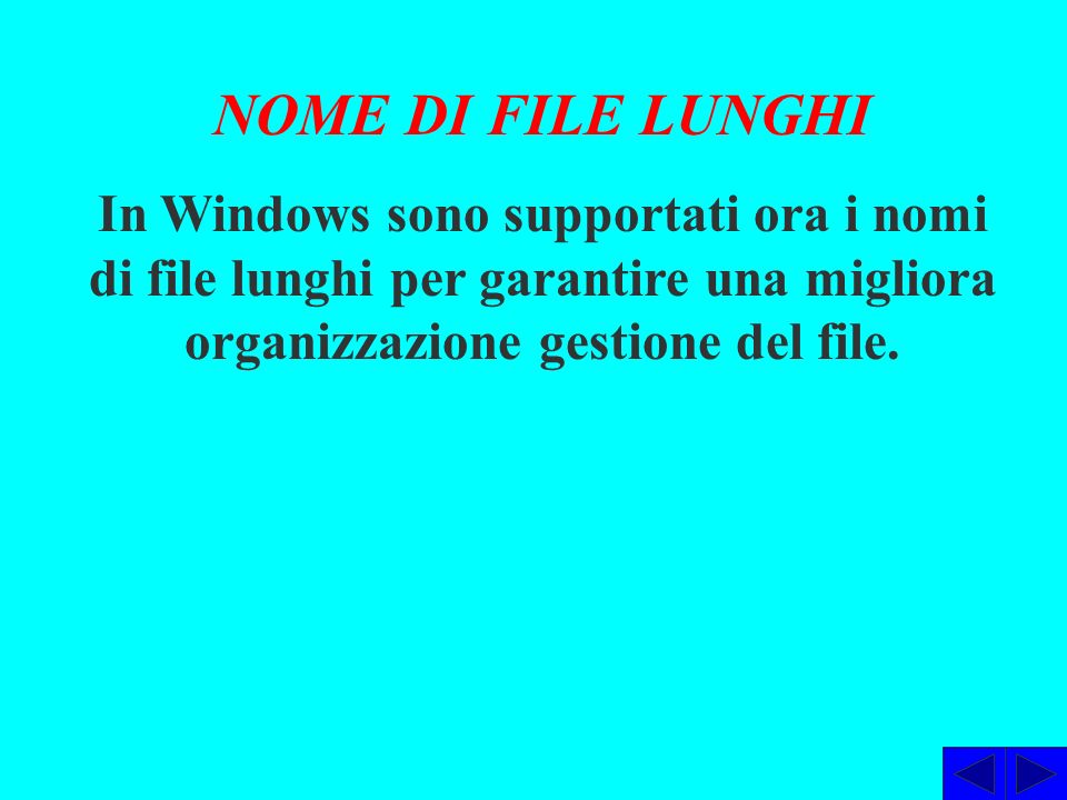 NOME DI FILE LUNGHI In Windows sono supportati ora i nomi di file lunghi per garantire una migliora organizzazione gestione del file.