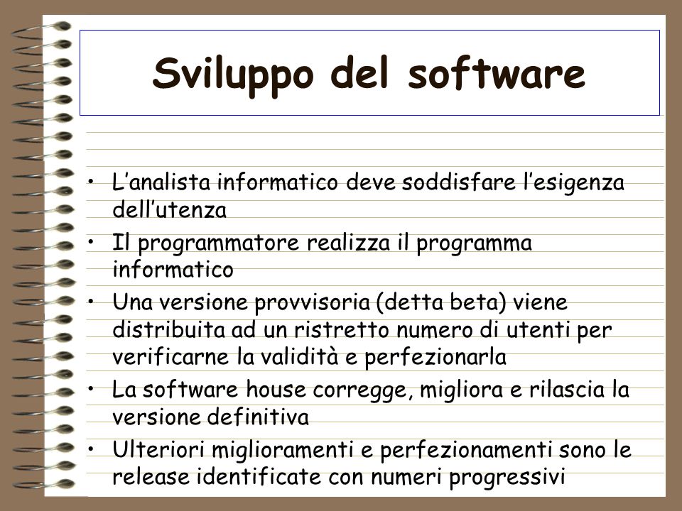 Sviluppo del software L’analista informatico deve soddisfare l’esigenza dell’utenza. Il programmatore realizza il programma informatico.