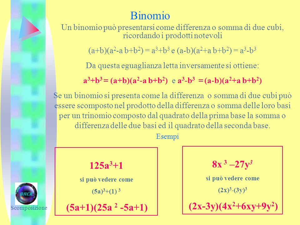 Binomio Un binomio può presentarsi come differenza o somma di due cubi, ricordando i prodotti notevoli.