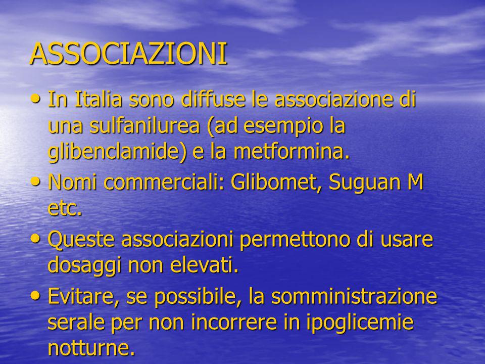 ASSOCIAZIONI In Italia sono diffuse le associazione di una sulfanilurea (ad esempio la glibenclamide) e la metformina.