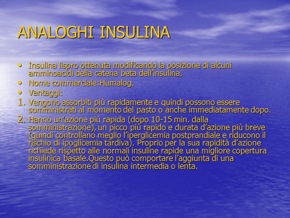 ANALOGHI INSULINA Insulina lispro ottenuta modificando la posizione di alcuni amminoacidi della catena beta dell’insulina.