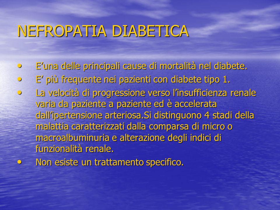 NEFROPATIA DIABETICA E’una delle principali cause di mortalità nel diabete. E’ più frequente nei pazienti con diabete tipo 1.