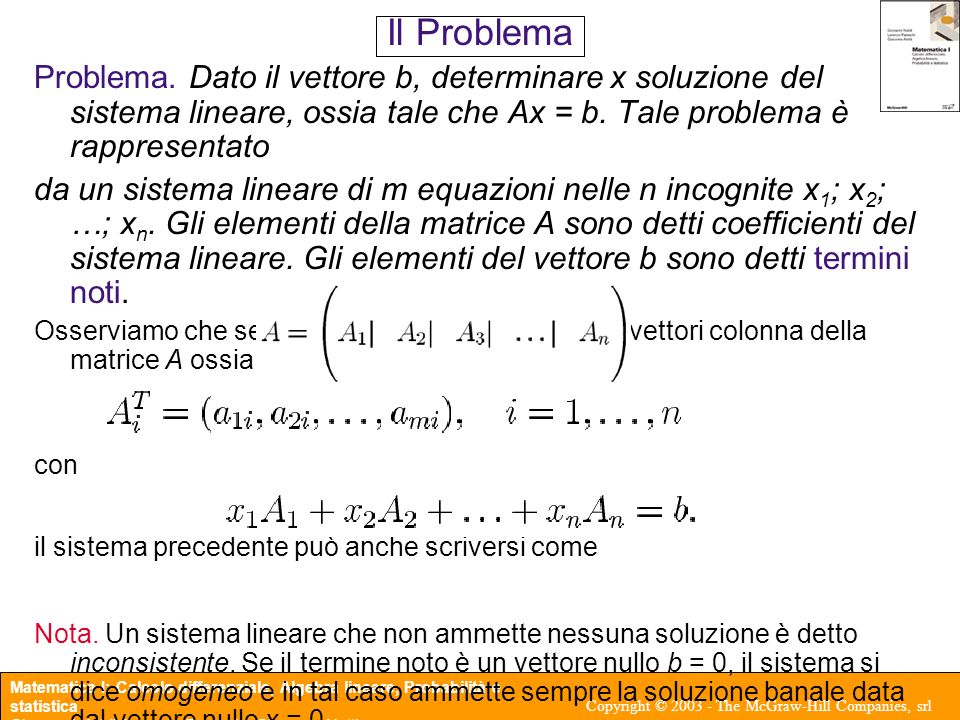 Il Problema Problema. Dato il vettore b, determinare x soluzione del sistema lineare, ossia tale che Ax = b. Tale problema è rappresentato.