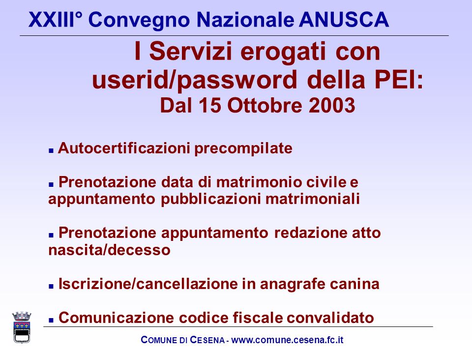 I Servizi erogati con userid/password della PEI: