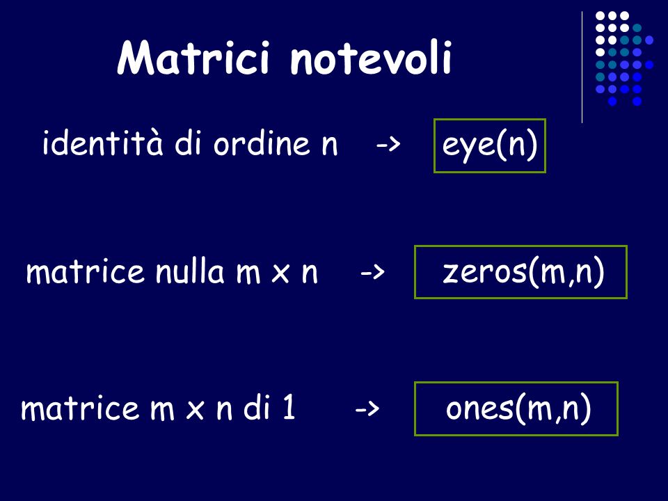 Matrici notevoli identità di ordine n -> eye(n)