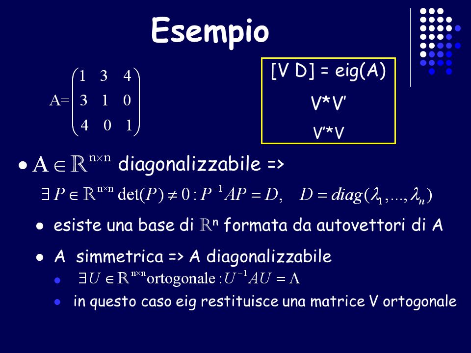 Esempio diagonalizzabile => [V D] = eig(A) V*V’