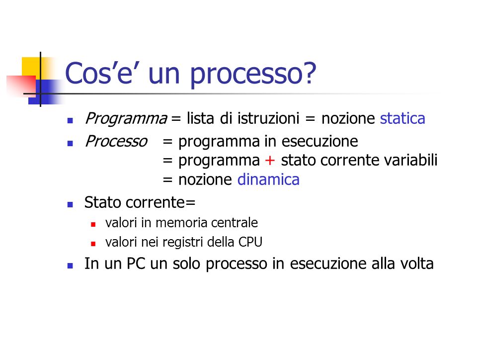 Cos’e’ un processo Programma = lista di istruzioni = nozione statica