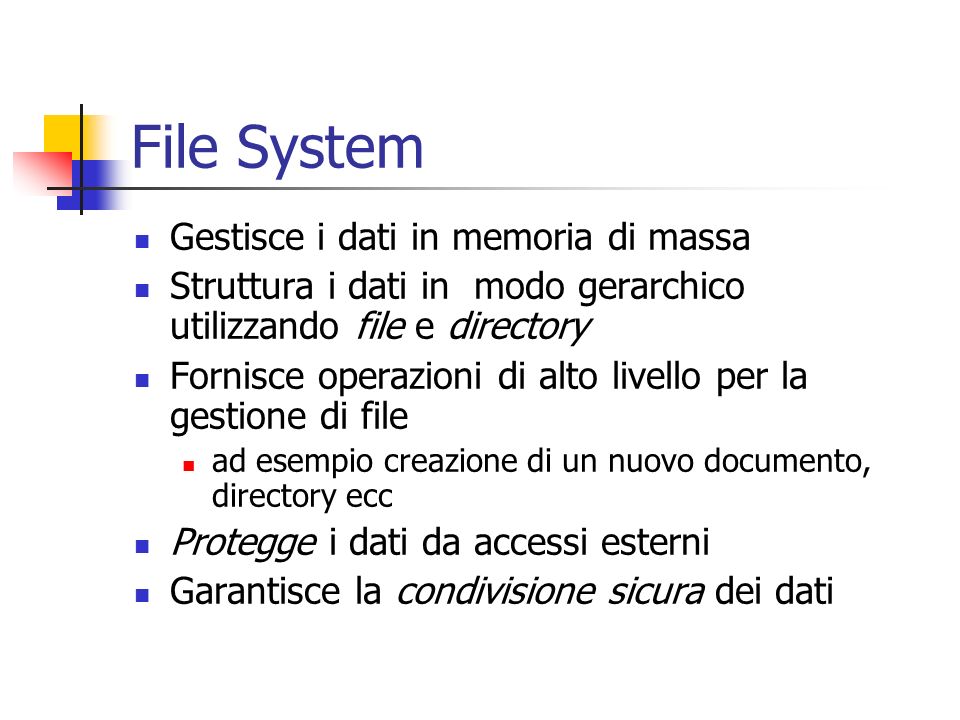 File System Gestisce i dati in memoria di massa