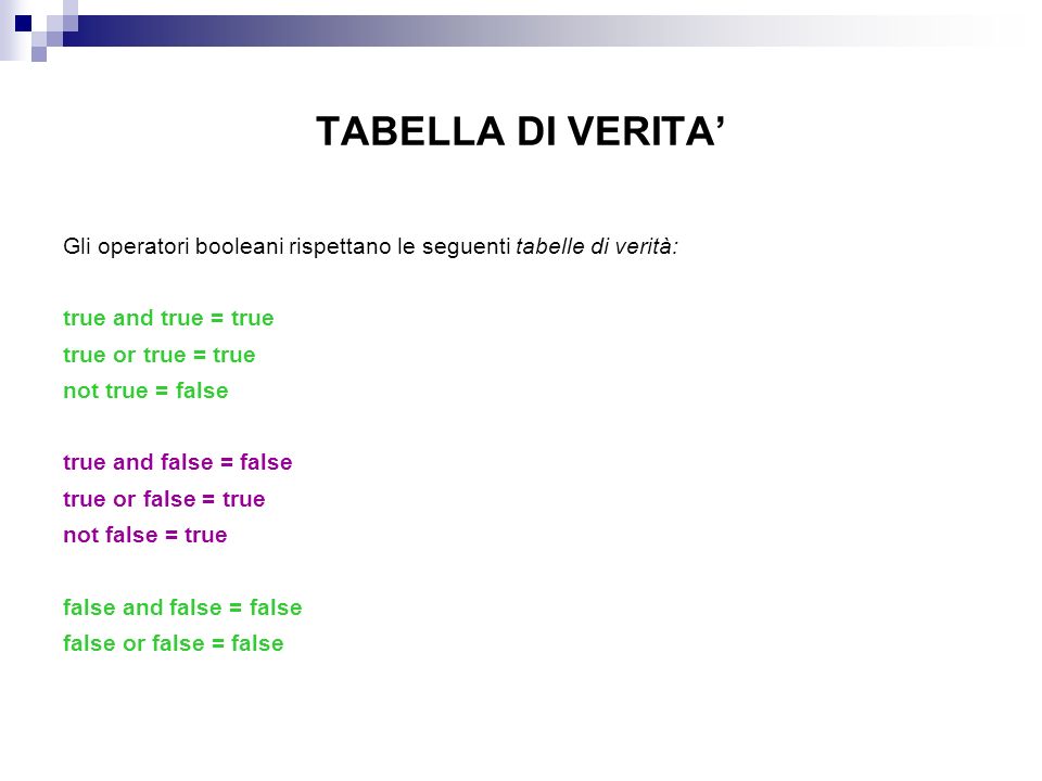 TABELLA DI VERITA’ Gli operatori booleani rispettano le seguenti tabelle di verità: true and true = true.
