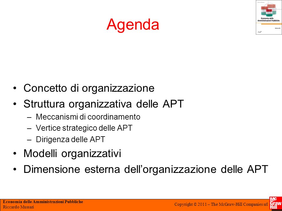 Agenda Concetto di organizzazione Struttura organizzativa delle APT