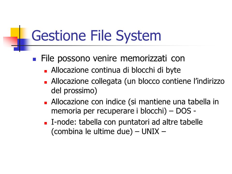 Gestione File System File possono venire memorizzati con