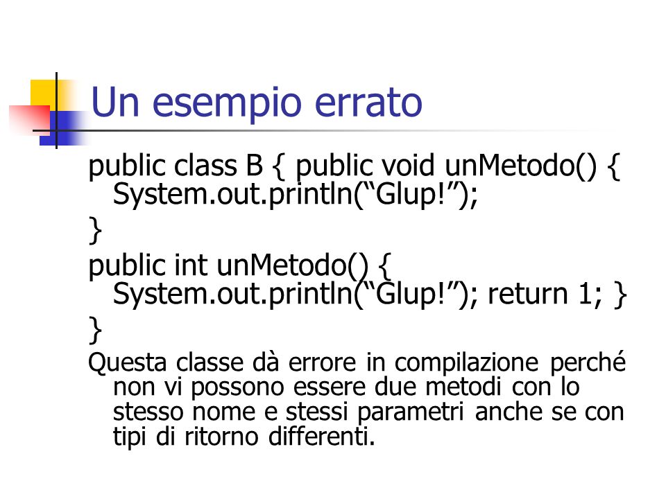 Un esempio errato public class B { public void unMetodo() { System.out.println( Glup! ); }