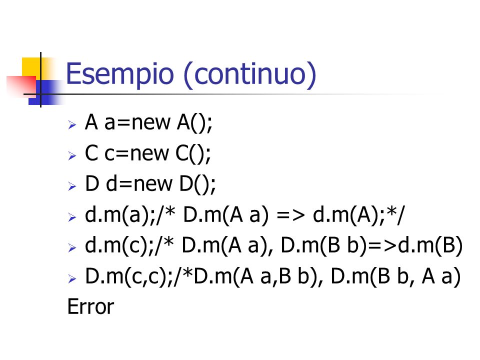 Esempio (continuo) A a=new A(); C c=new C(); D d=new D();