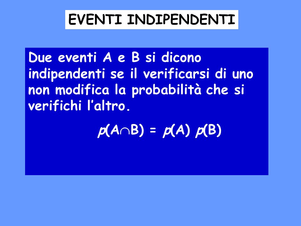 EVENTI INDIPENDENTI Due eventi A e B si dicono indipendenti se il verificarsi di uno non modifica la probabilità che si verifichi l’altro.