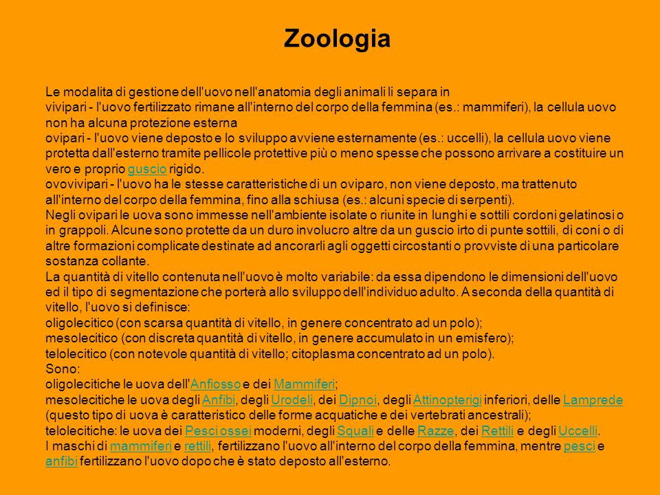 Zoologia Le modalita di gestione dell uovo nell anatomia degli animali li separa in.