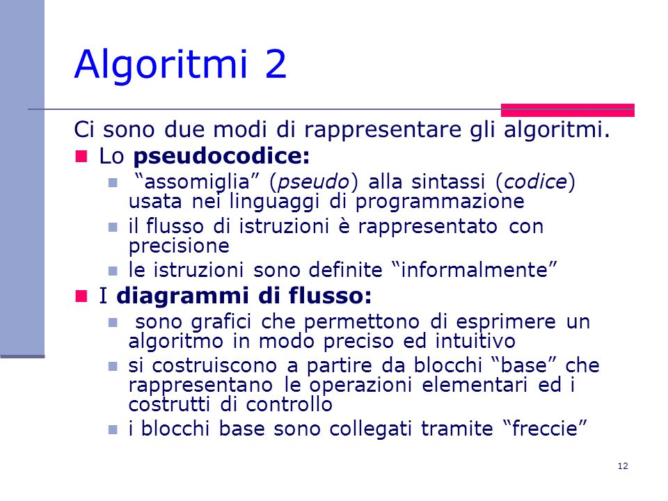 Algoritmi 2 Ci sono due modi di rappresentare gli algoritmi.