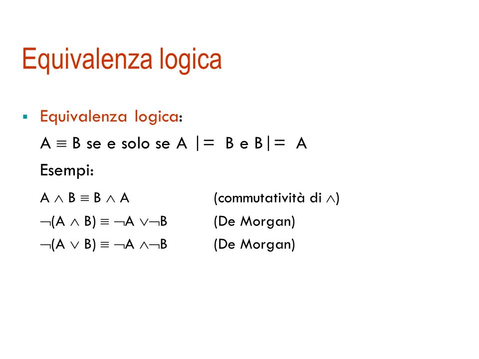 Conseguenza logica Una formula A è conseguenza logica di un insieme di formule KB se e solo se in ogni modello di KB, anche A è vera (KB |= A)