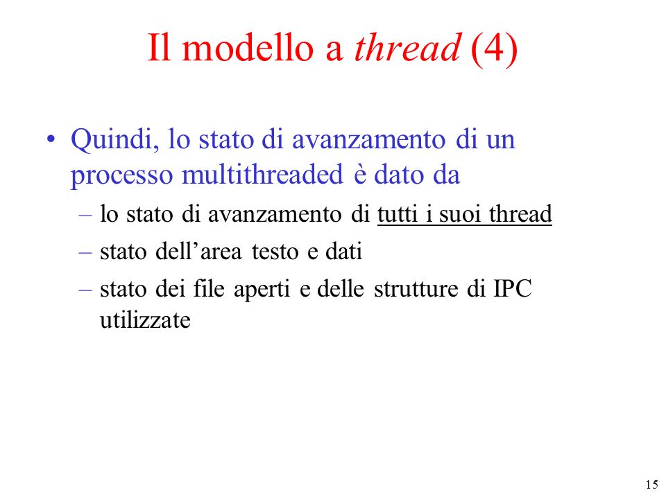 Il modello a thread (4) Quindi, lo stato di avanzamento di un processo multithreaded è dato da. lo stato di avanzamento di tutti i suoi thread.