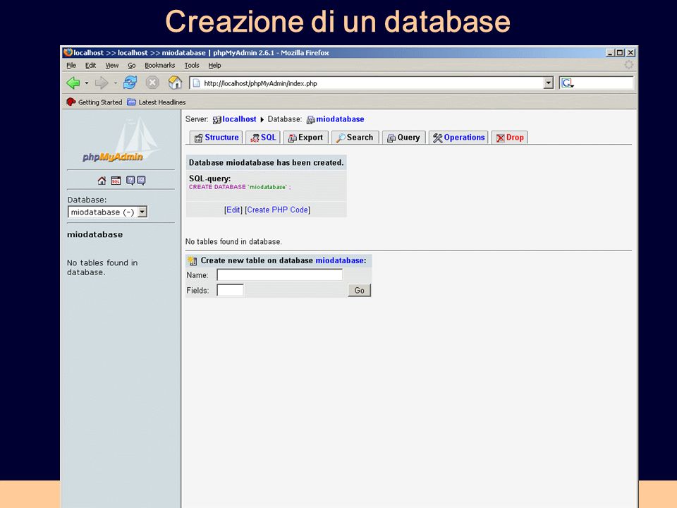 Creazione di un database