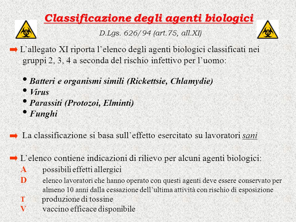 Classificazione degli agenti biologici D.Lgs. 626/94 (art.75, all.XI)