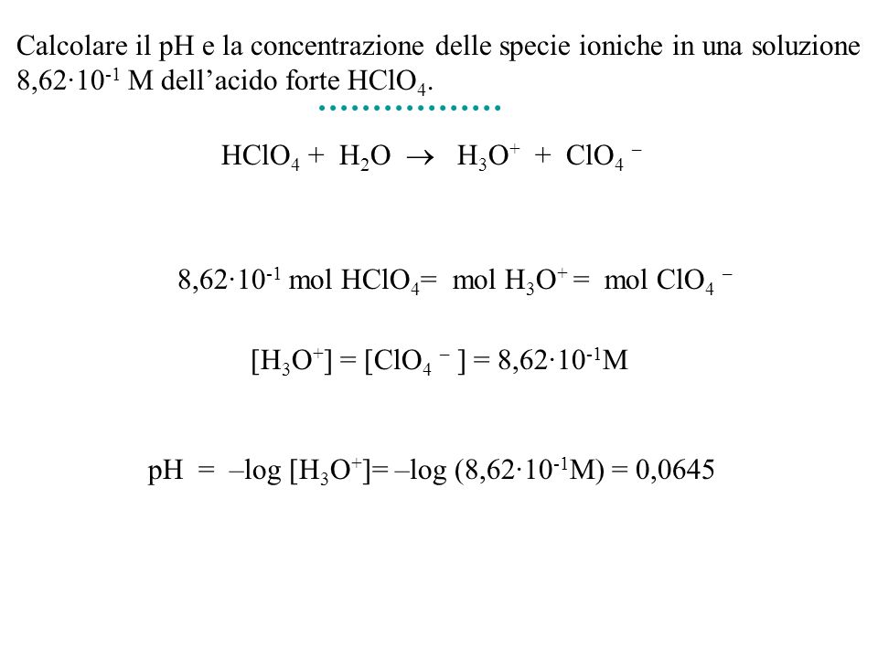 Calcolare il pH e la concentrazione delle specie ioniche in una soluzione 8,62·10-1 M dell’acido forte HClO4.