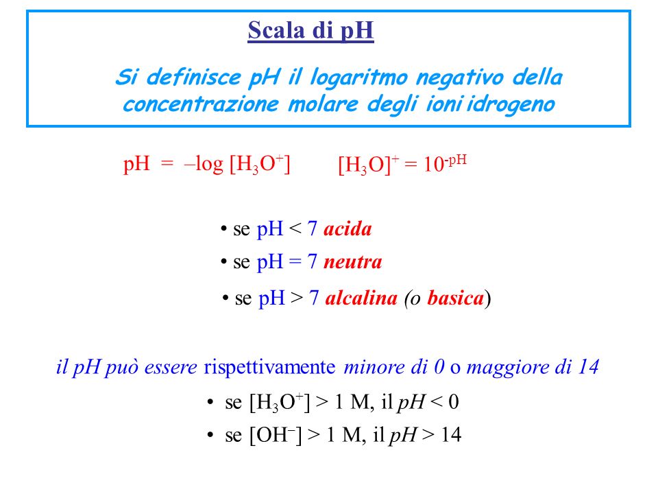 Scala di pH Si definisce pH il logaritmo negativo della concentrazione molare degli ioni idrogeno. pH = –log [H3O+]