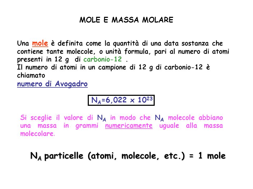 NA particelle (atomi, molecole, etc.) = 1 mole