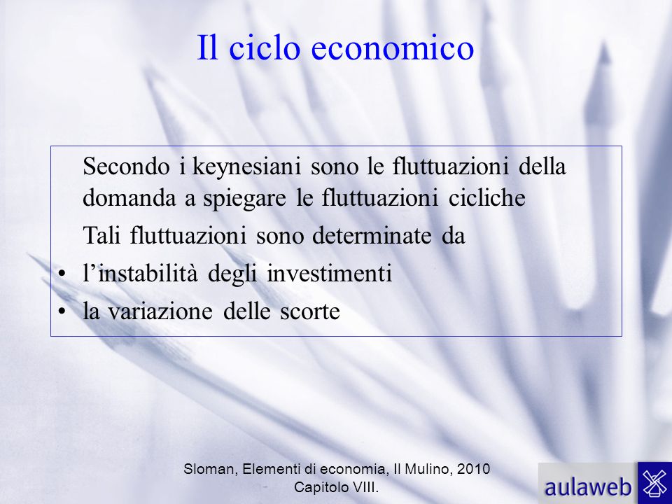 Il ciclo economico Secondo i keynesiani sono le fluttuazioni della domanda a spiegare le fluttuazioni cicliche.