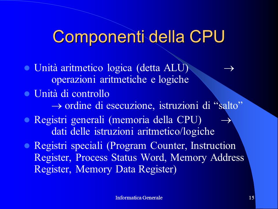 Componenti della CPU Unità aritmetico logica (detta ALU)  operazioni aritmetiche e logiche.