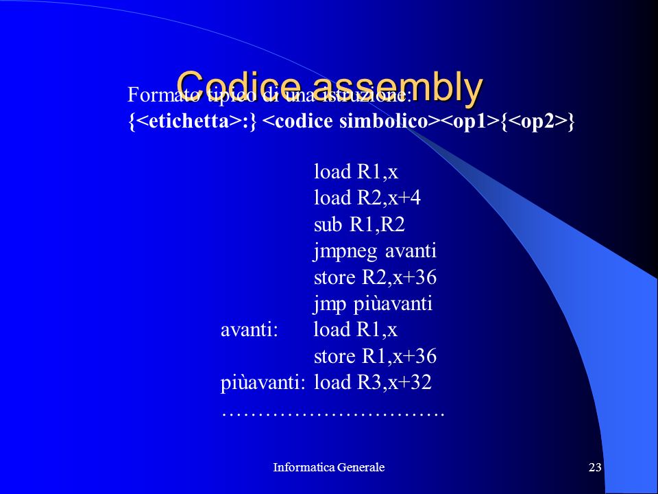 Codice assembly Formato tipico di una istruzione: