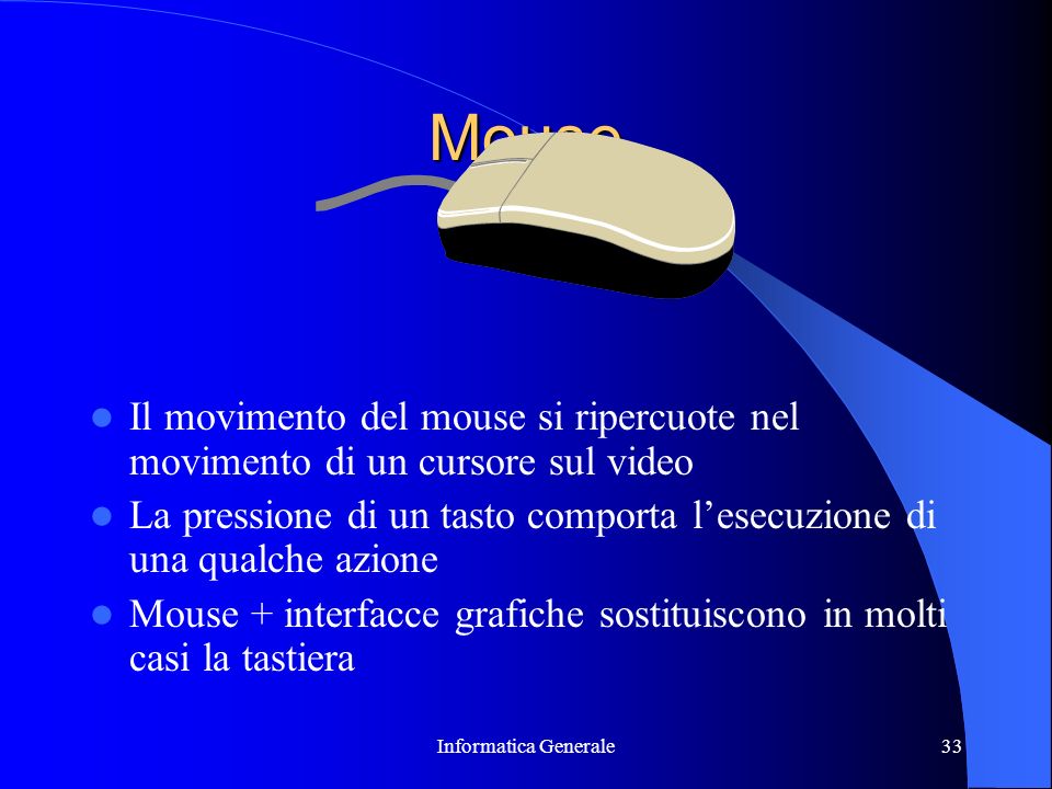 Mouse Il movimento del mouse si ripercuote nel movimento di un cursore sul video.